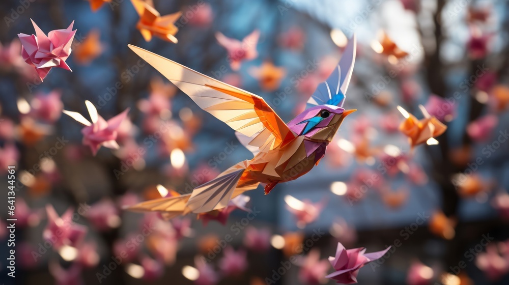 Window display of origami birds flying freely in the bree. Generative AI. - obrazy, fototapety, plakaty 