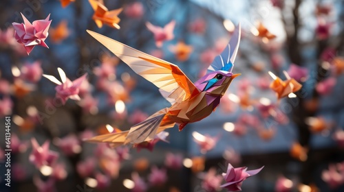 Window display of origami birds flying freely in the bree. Generative AI. © ProVector