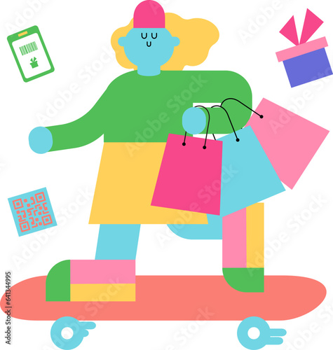 ショッピングを楽しむスケートボードに乗る女性
