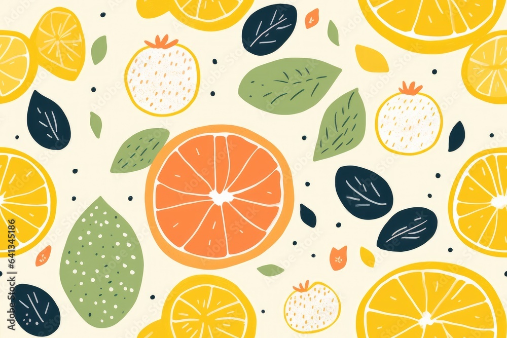 Citrus fruits seamless pattern. Risograph illustration