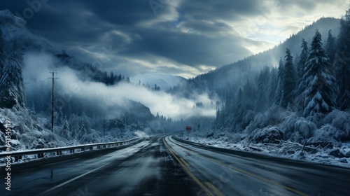 Winter highway snowfall background fog. Generative AI.