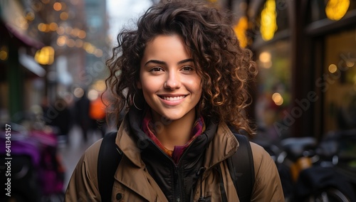 Portrait of a beautiful young woman with curly hair in the city