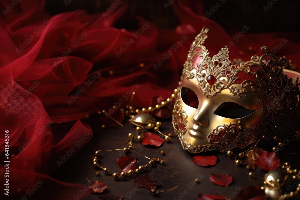 Naklejka premium Festive Venetian carnival mask with gold decorations on red background.