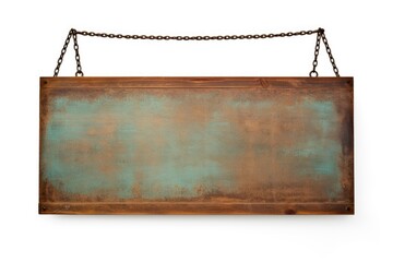 Old rusty tin sign hanging on a chain