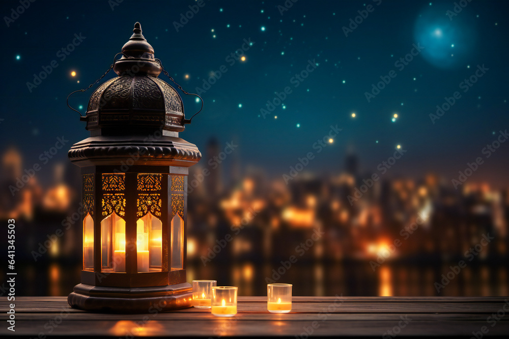 An oriental lamp in the night with a moon and stars in background An oriental lamp in the night with a moon and stars in background