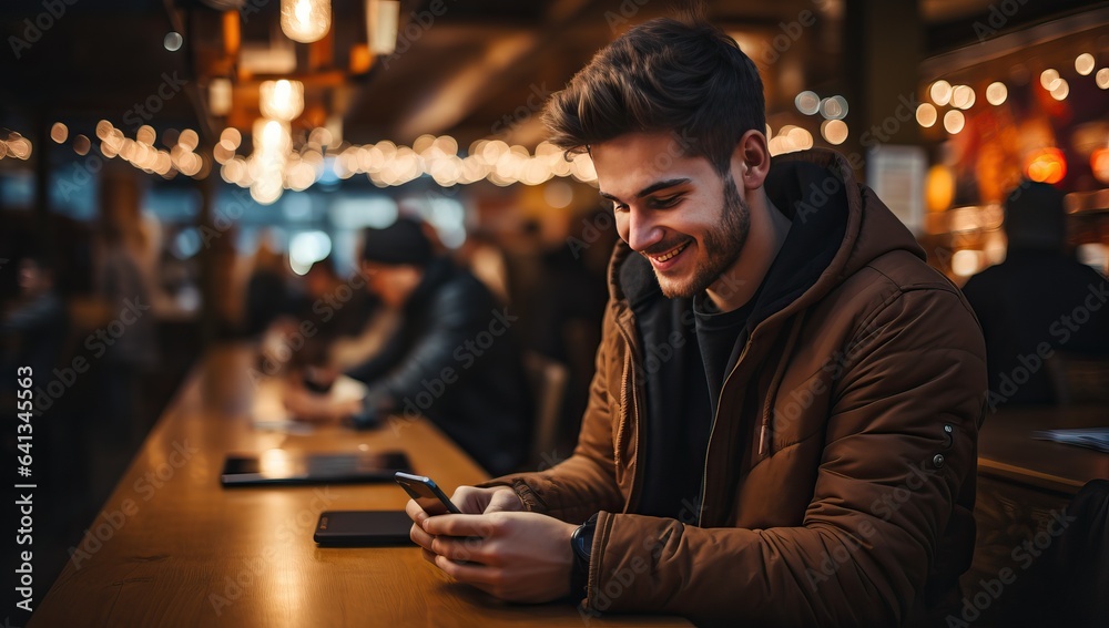 Cheerful young man using mobile phone while sitting in a pub