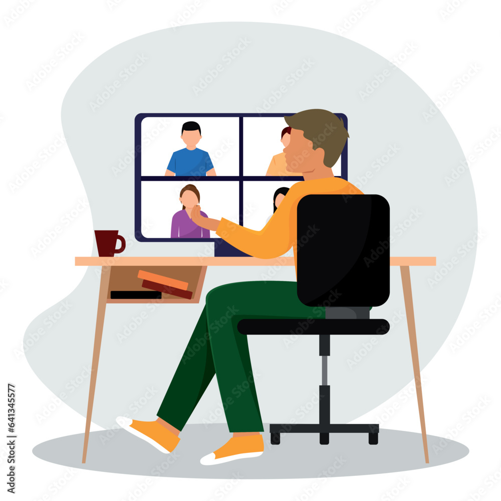 Male character doing an online meeting on a coworking space Vector