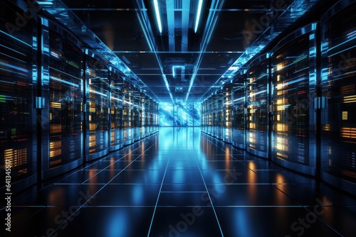 Datacenter large server room for internet network. Generative AI © Natee Meepian