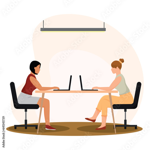 Pair of girl characters working on a coworking office Vector