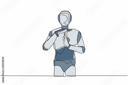 Continuous one line drawing robot standing with time break gesture, timeout signal. Pause. Stop working. Humanoid robot cybernetic organism. Future robotic. Single line draw design vector illustration