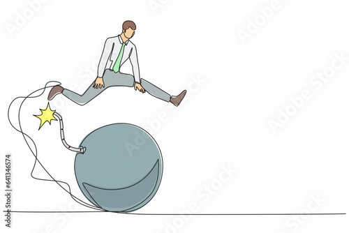 Continuous one line drawing businessman jumping over bomb. Smart steps to anticipate the explosive impact of the world economic or financial crisis. Single line draw design vector graphic illustration
