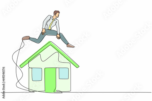 Single continuous line drawing businessman jumping over house. Housing loan or real estate investment. Mortgage agreement to bank. Debt obligation. One line draw graphic design vector illustration