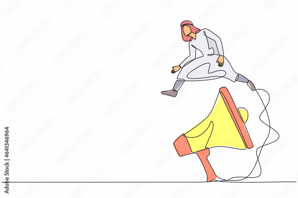 Single continuous line drawing Arab businessman jump over big megaphone. Marketing strategy in mass communication. Loudspeaker technology for giving announcement. One line design vector illustration