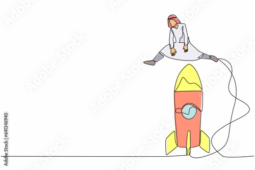 Single one line drawing Arabian businessman jumping over big rocket. Starting new business project concept. Launching innovative marketing idea. Continuous line draw design graphic vector illustration