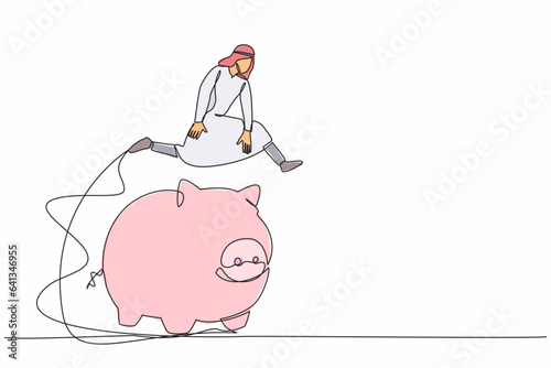 Single one line drawing Arab businessman jumping over piggy bank. Financial management with budget planning. Security of money storage. Modern continuous line draw design graphic vector illustration