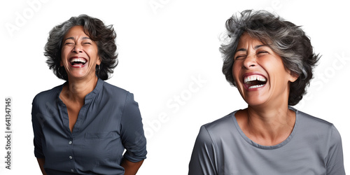 Latin American mature woman laughing isolated on transparent background for cutout