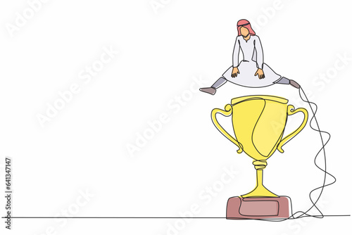 Single continuous line drawing Arab businessman jumping over big trophy. Symbolization of business challenge conquer. Success or victory, winning prize award. One line draw design vector illustration