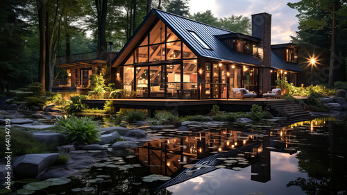 A modern cottage with designer territory and a pond, illuminated by the rays of the setting sun. Generative AI technology.
