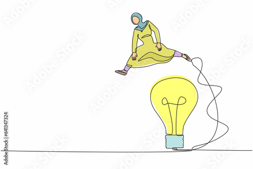 Single continuous line drawing Arabian businesswoman jumping over big light bulb. Innovation transformation technology. Improvisation business idea. One line draw graphic design vector illustration