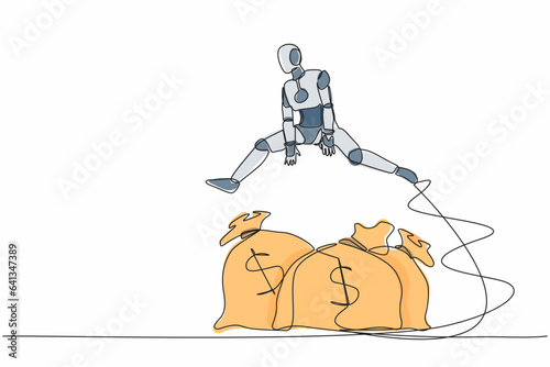 Single continuous line drawing robot jumping over money bag. Business loan or capital funding, money help in crisis. Modern robotic artificial intelligence. One line graphic design vector illustration