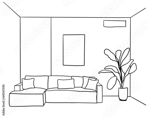 Living room graphic black white home interior sketch illustration vector