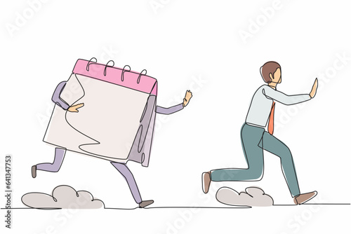Single continuous line drawing stressed businessman being chased by calendar. Office worker chased by work deadlines, project schedule. Minimalism metaphor. One line graphic design vector illustration
