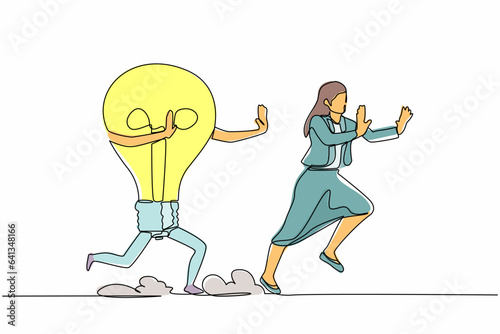 Single continuous line drawing scared businesswoman being chased by light bulb. Female manager losing business idea, inspiration, innovation. Minimalism metaphor. One line design vector illustration © Simple Line