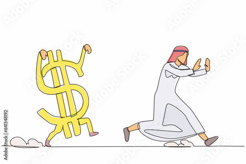 Continuous one line drawing unhappy Arab businessman being chased by dollar symbol. Manager afraid with financial crisis, losing his money. Minimalist metaphor. Single line design vector illustration