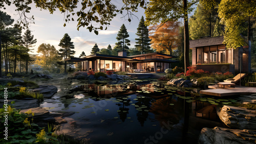 A modern cottage with designer territory and a pond, illuminated by the rays of the setting sun. Generative AI technology. photo