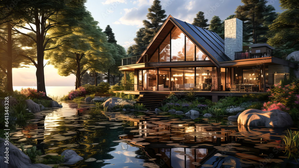 A modern cottage with designer territory and a pond, illuminated by the rays of the setting sun. Generative AI technology.