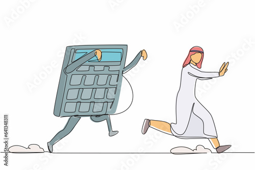 Single one line drawing unhappy Arab businessman being chased by calculator. Afraid about calculations of economy crisis. Counting of business loss. Continuous line design graphic vector illustration