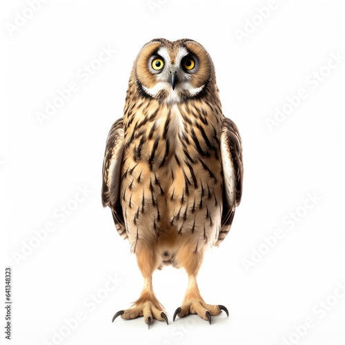 Short-eared owl bird isolated on white background.