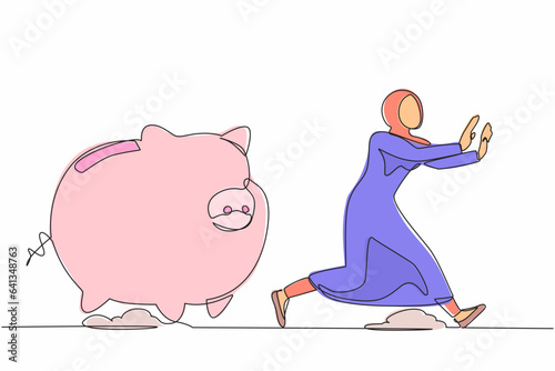 Continuous one line drawing fright Arab businesswoman being chased by piggy bank. Worker in financial or economic crash. Losing money. Minimalist metaphor. Single line draw design vector illustration