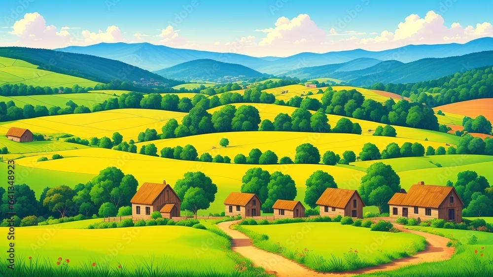 The countryside looks beautiful with an old fashioned farm and hills that smoothly go down. Illustration, AI Generated