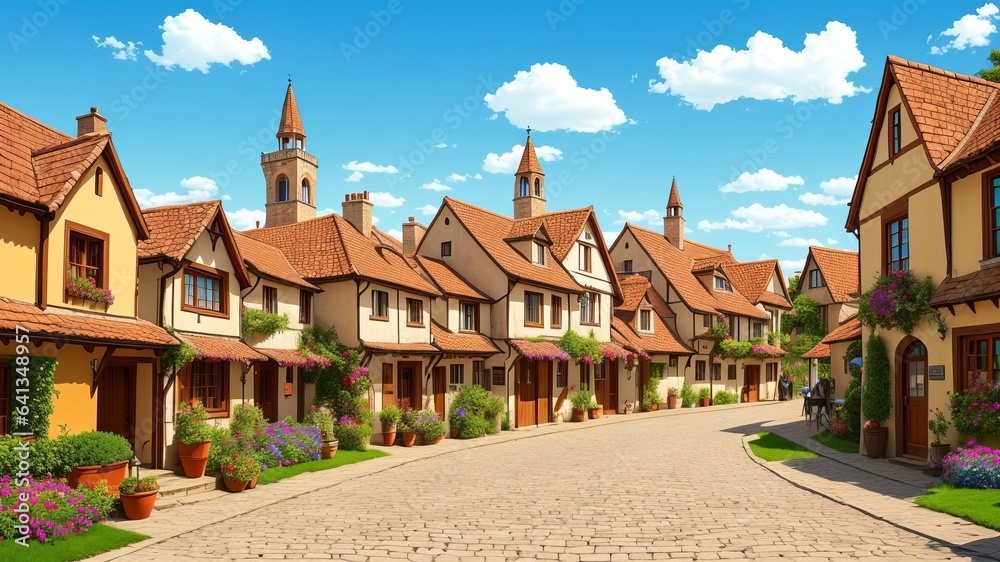A very old town with roads made of stones and buildings that are traditional and not modern. Illustration, AI Generated
