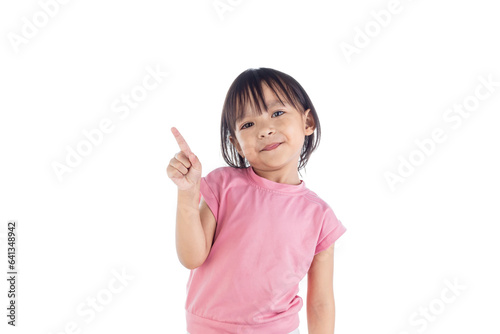 Little Asian girl posing finger pointing up isolated on white background with clipping path. Back to school.
