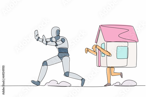 Continuous one line drawing stressed robot being chased by house. Afraid with increasing housing loan. Humanoid cybernetic organism. Robotic development. Single line design vector graphic illustration