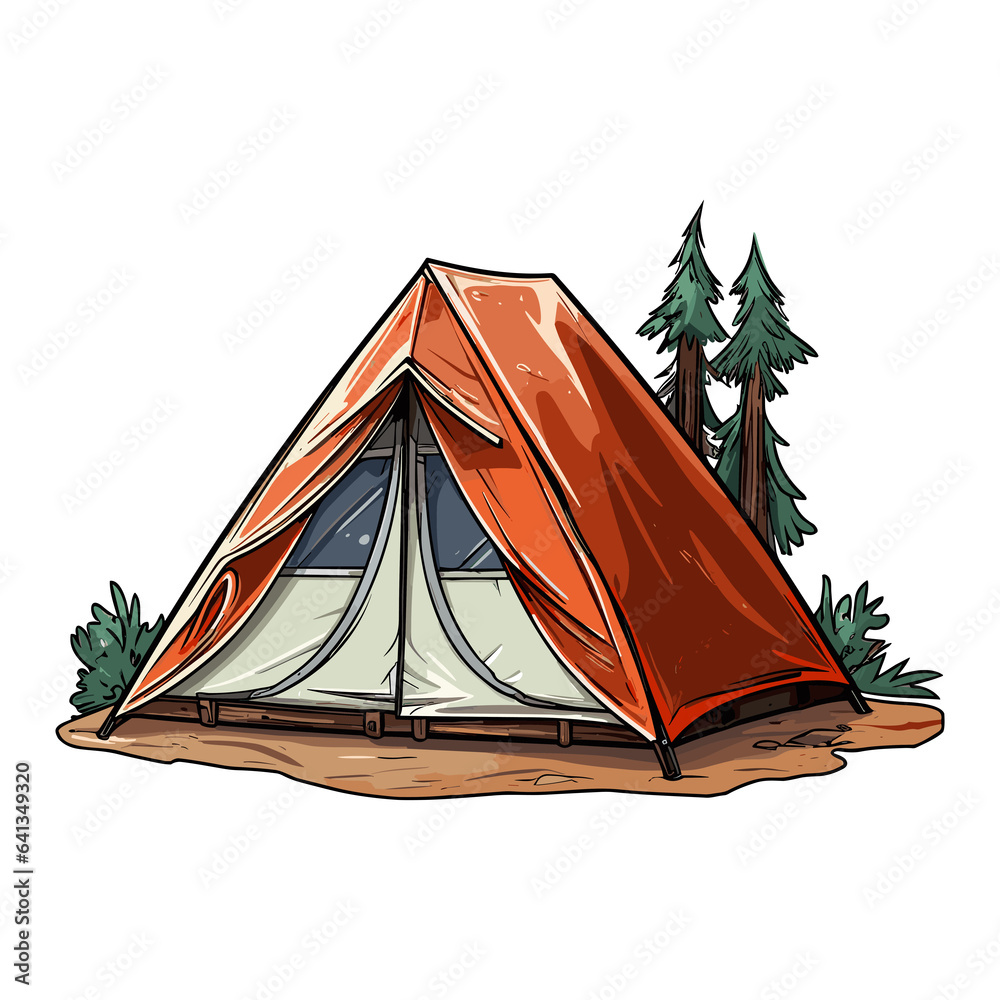 Camping in the Woods, tent with forest Illustration