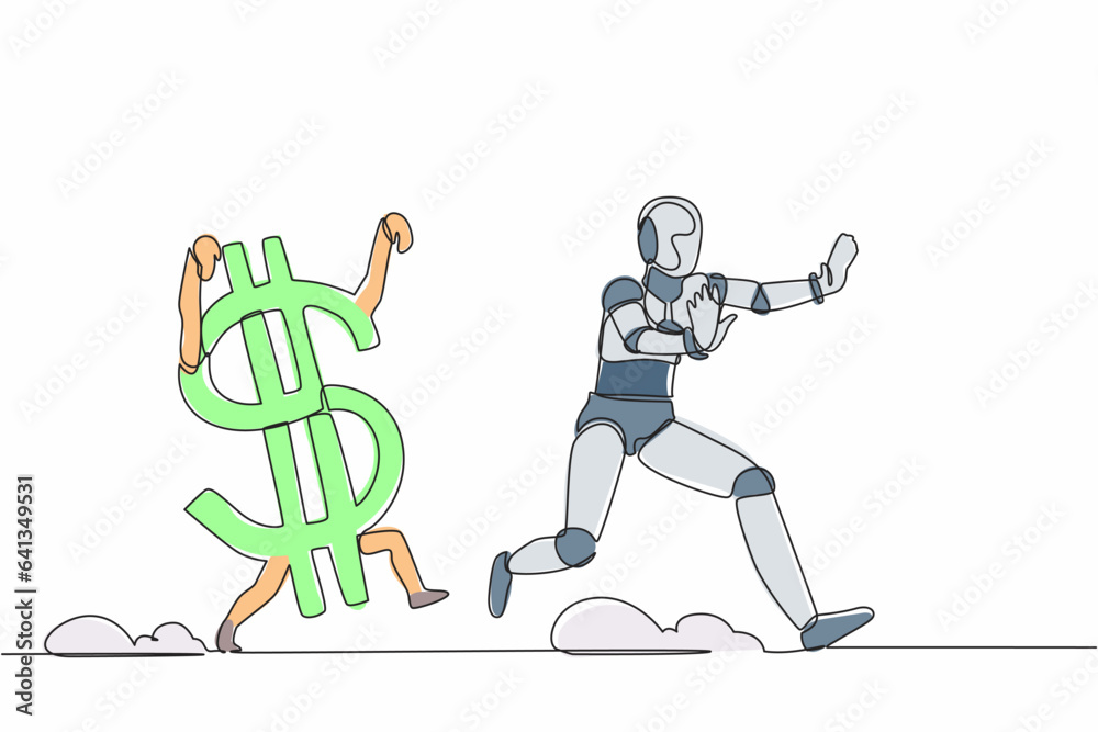 Continuous one line drawing stressed robot being chased by dollar symbol. Afraid with economic or financial crisis. Humanoid robot cybernetic organism. Single line design vector graphic illustration Continuous one line drawing stressed robot being chased by dollar symbol. Afraid with economic or financial crisis. Humanoid robot cybernetic organism. Single line design vector graphic illustration