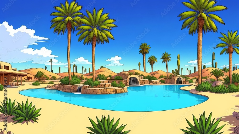 A location in the dry land with tall trees and a shiny pool of water. Illustration, AI Generated