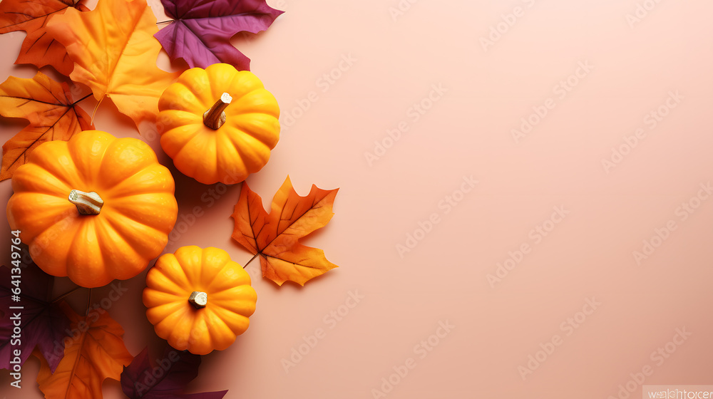 Autumn halloween composition with pumpkins and leaves on pink background. Flat lay, top view, copy space