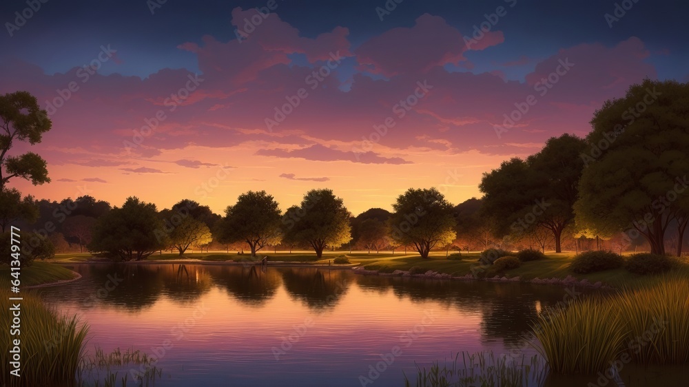 On a quiet and relaxed night, there is a lovely sight of a small body of water called a pond. Little bugs called fireflies light the pond. Illustration, AI Generated