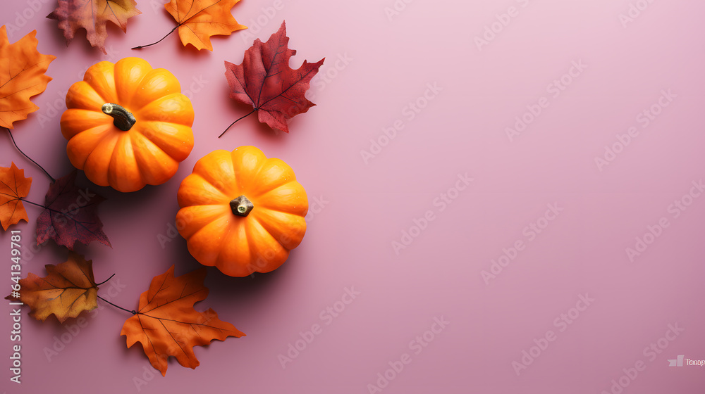 Autumn halloween composition with pumpkins and leaves on pink background. Flat lay, top view, copy space Autumn halloween composition with pumpkins and leaves on pink background. Flat lay, top view, copy space
