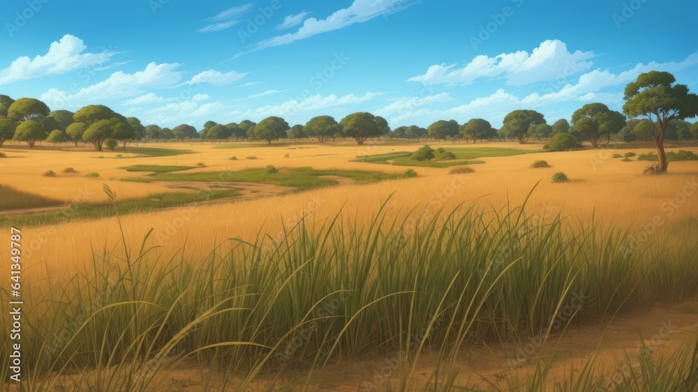 A large open area filled with tall grass and various animal tracks. Illustration, AI Generated