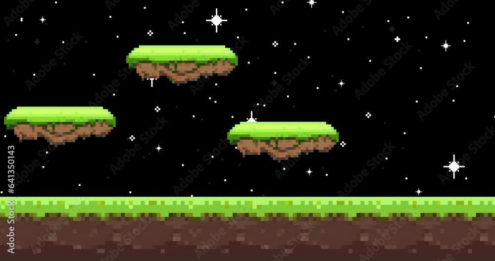 Animation of old style pixel game. Pixel art game background. Ground, grass, sky, tree, clouds and stars. Pixel art Game Design 8 bit video vector. Old school background for game. Animation of old style pixel game. Pixel art game background. Ground, grass, sky, tree, clouds and stars. Pixel art Game Design 8 bit video vector. Old school background for game.