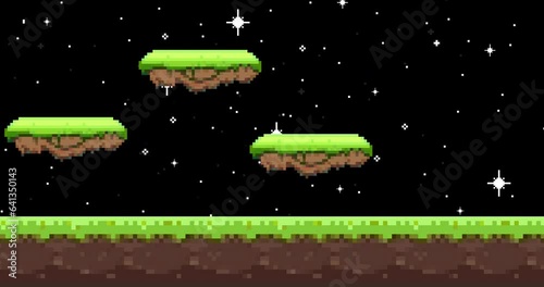 Animation of old style pixel game. Pixel art game background. Ground, grass, sky, tree, clouds and stars. Pixel art Game Design 8 bit video vector. Old school background for game. 