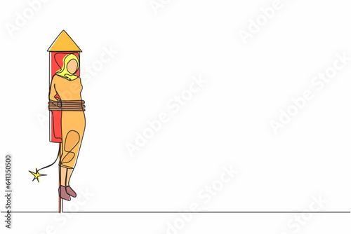 Continuous one line drawing Arabian businesswoman being fired and tied to launching rocket, feeling anxious, scared. Fear of impending disaster. Career failure. Single line design vector illustration
