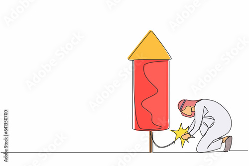 Single one line drawing Arab businessman launching firework rocket. Grow business, boost investment profit or earning, increase growth or economic boom. Continuous line draw design vector illustration