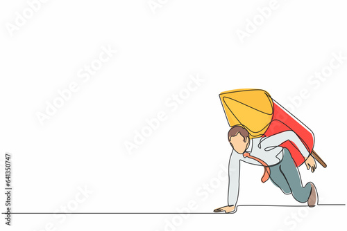 Single one line drawing businessman with rocket on back stand on start ready for business race. Excited motivated employee prepare for project launch. Continuous line draw design vector illustration