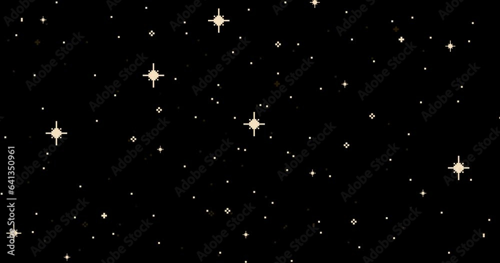 Animation of old style pixel game. Pixel art game background. Ground, grass, sky, tree, clouds and stars. Pixel art Game Design 8 bit video vector. Old school background for game. 
